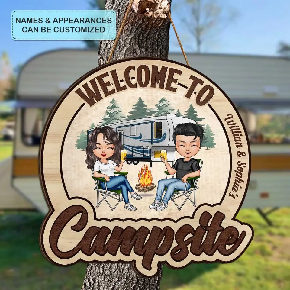 Welcome To Our Campsite - Personalized Custom Door Sign - Gift For Camping Lover, Camper, Couple
