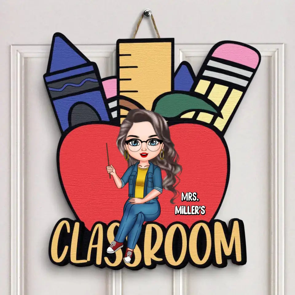 Red Apple Teacher Classroom - Personalized Custom Door Sign - Teacher's Day, Appreciation Gift For Teacher