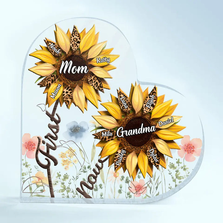 First Mom Now Grandma Sunflower - Personalized Custom Heart-shaped Acrylic Plaque - Mother's Day Gift For Grandma, Mom