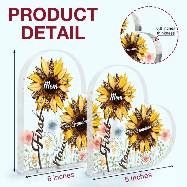 First Mom Now Grandma Sunflower - Personalized Custom Heart-shaped Acrylic Plaque - Mother's Day Gift For Grandma, Mom