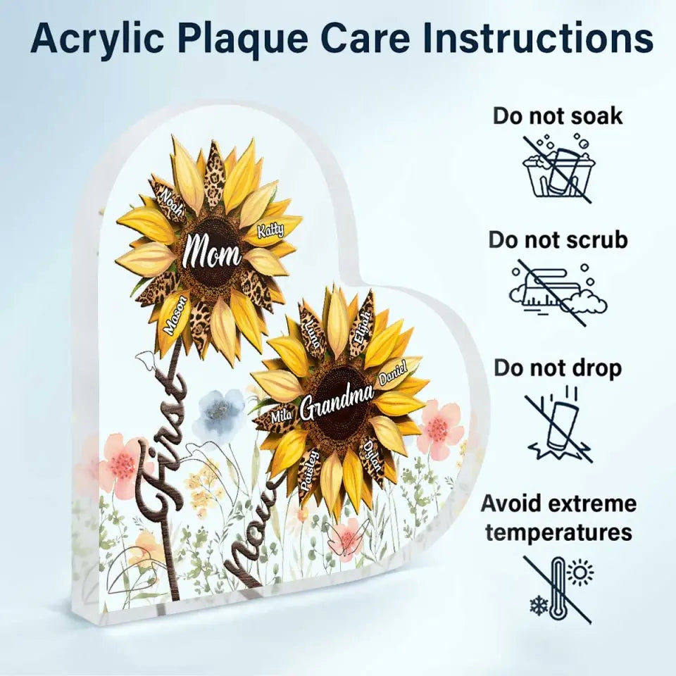 First Mom Now Grandma Sunflower - Personalized Custom Heart-shaped Acrylic Plaque - Mother's Day Gift For Grandma, Mom