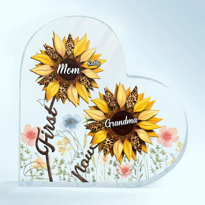 First Mom Now Grandma Sunflower - Personalized Custom Heart-shaped Acrylic Plaque - Mother's Day Gift For Grandma, Mom