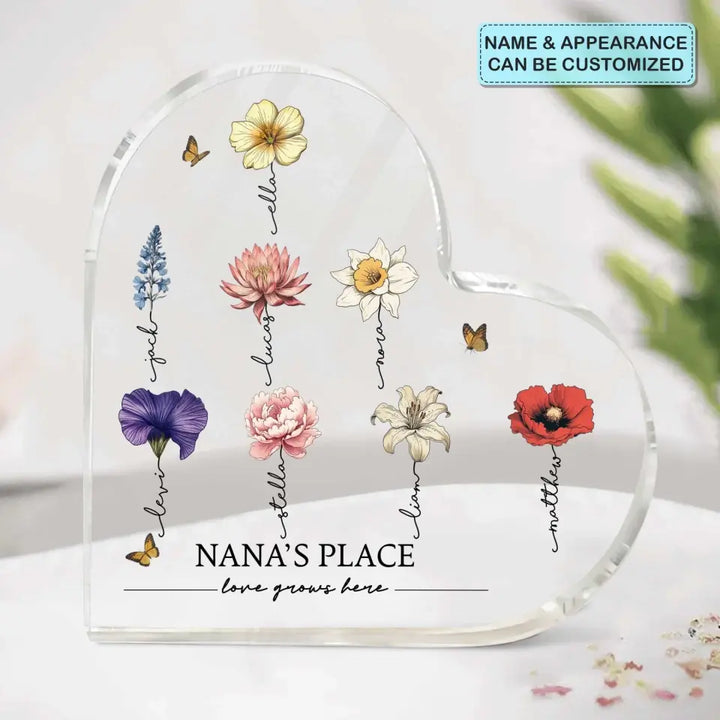 Love Grows Here - Personalized Custom Heart-shaped Acrylic Plaque - Mother's Day Gift For Grandma, Mom