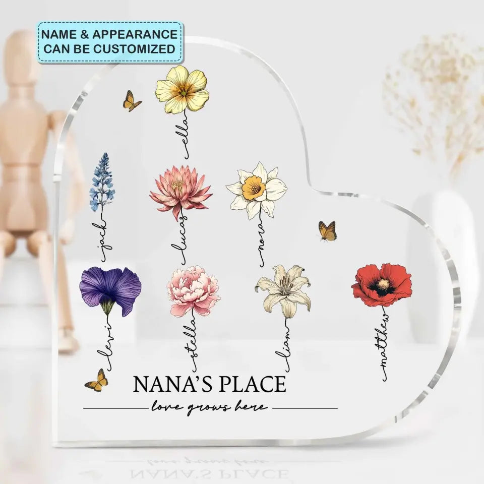 Love Grows Here - Personalized Custom Heart-shaped Acrylic Plaque - Mother's Day Gift For Grandma, Mom