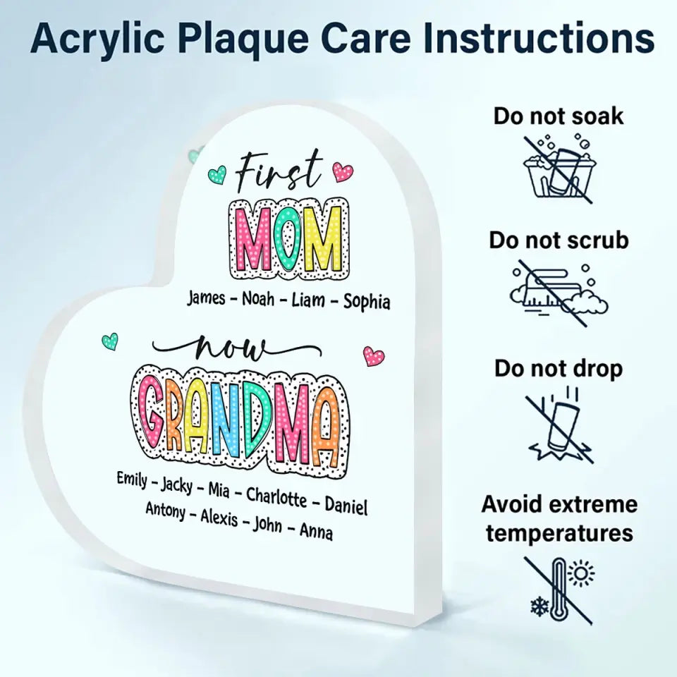 First Mom Now Grandma - Personalized Custom Heart-shaped Acrylic Plaque - Mother's Day Gift For Grandma, Mom