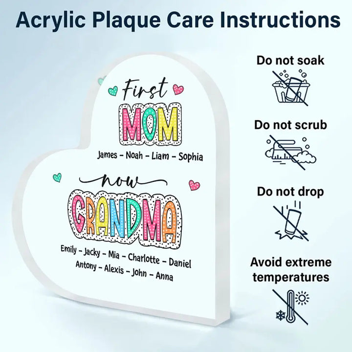First Mom Now Grandma - Personalized Custom Heart-shaped Acrylic Plaque - Mother's Day Gift For Grandma, Mom