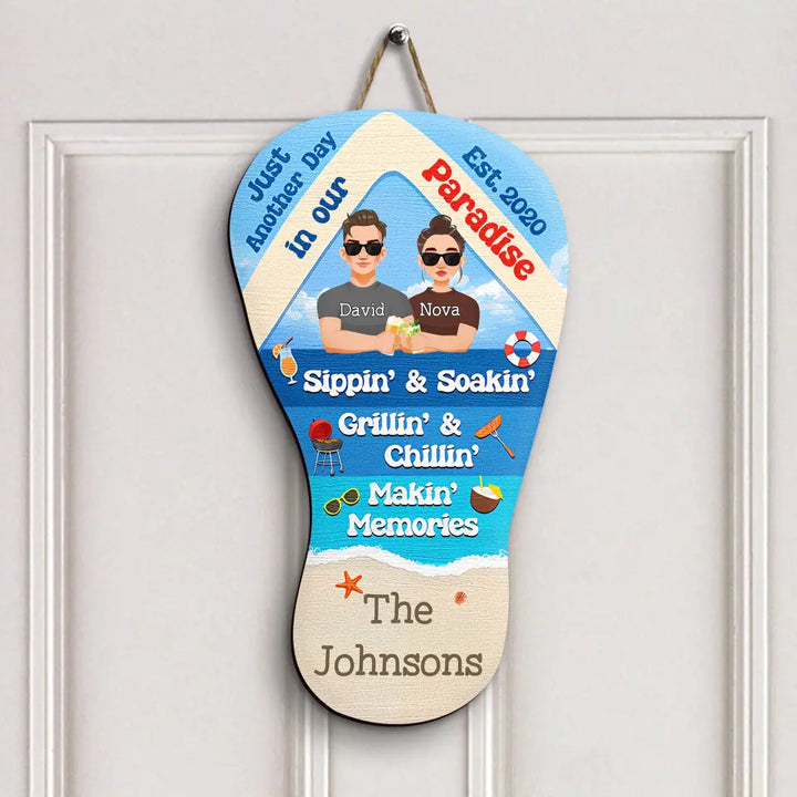 Just Another Day In Our Paradise - Personalized Custom Door Sign - Family Gift