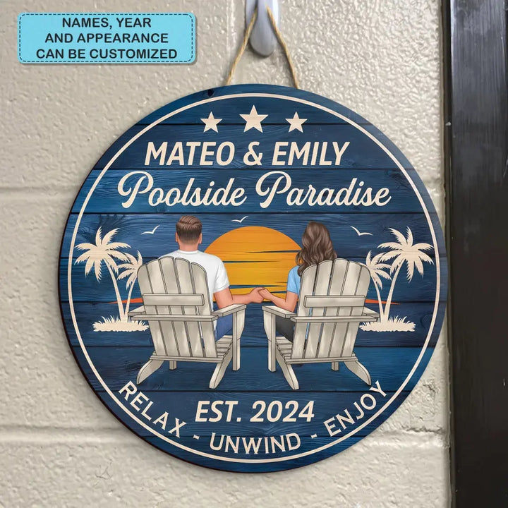Poolside Paradise - Personalized Custom Door Sign - Summer Gift For Couple