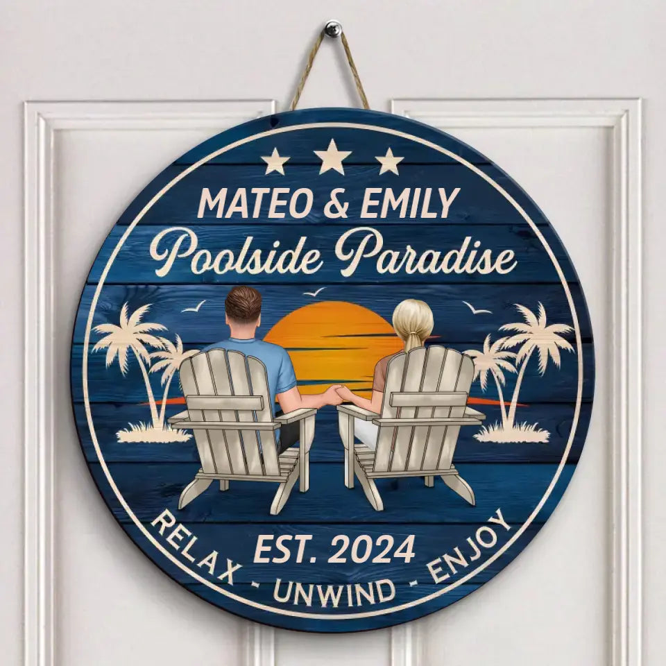 Poolside Paradise - Personalized Custom Door Sign - Summer Gift For Couple