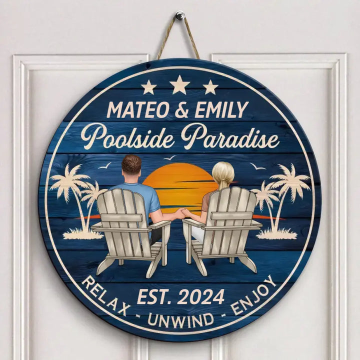 Poolside Paradise - Personalized Custom Door Sign - Summer Gift For Couple