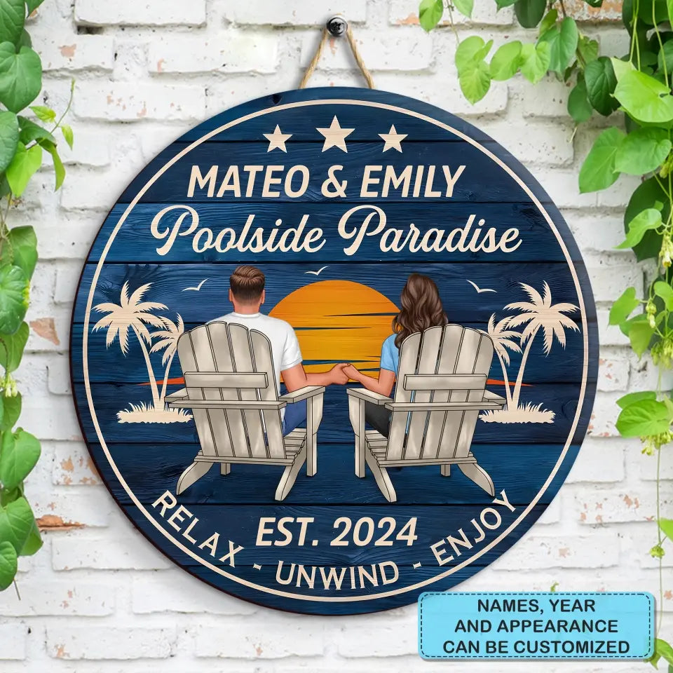 Poolside Paradise - Personalized Custom Door Sign - Summer Gift For Couple