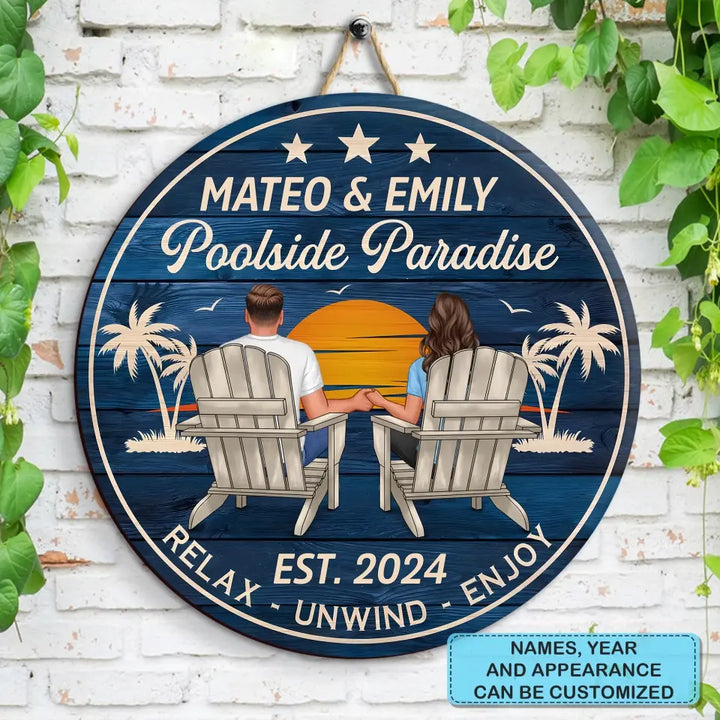 Poolside Paradise - Personalized Custom Door Sign - Summer Gift For Couple