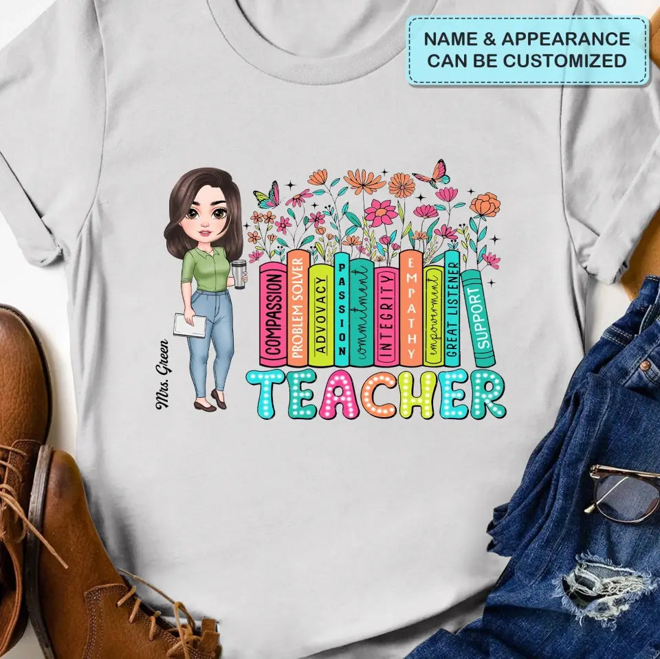Teacher Bookshelf Wildflowers - Personalized Custom T-Shirt - Teacher's Day, Appreciation Gift For Teacher
