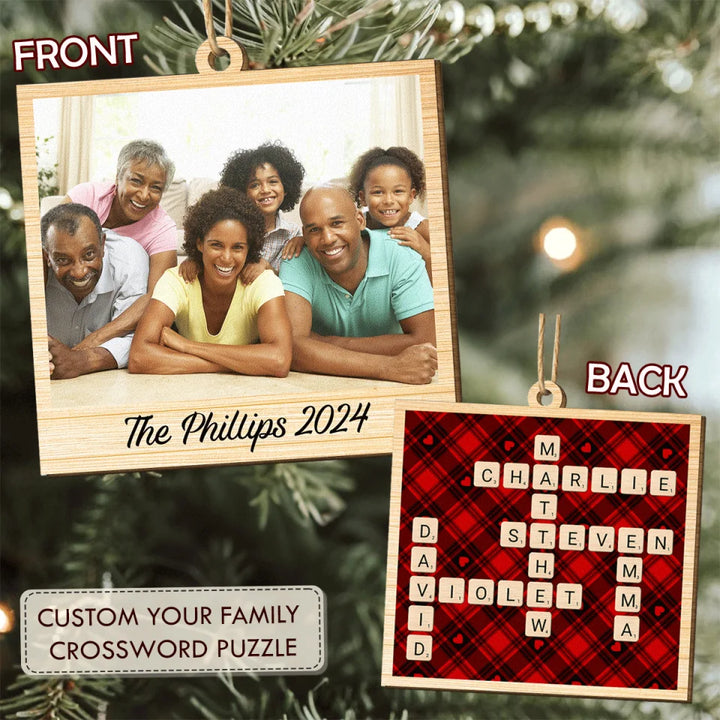 Family Crossword Puzzle - Personalized Custom Photo Wood Ornament - Gift For Family Members