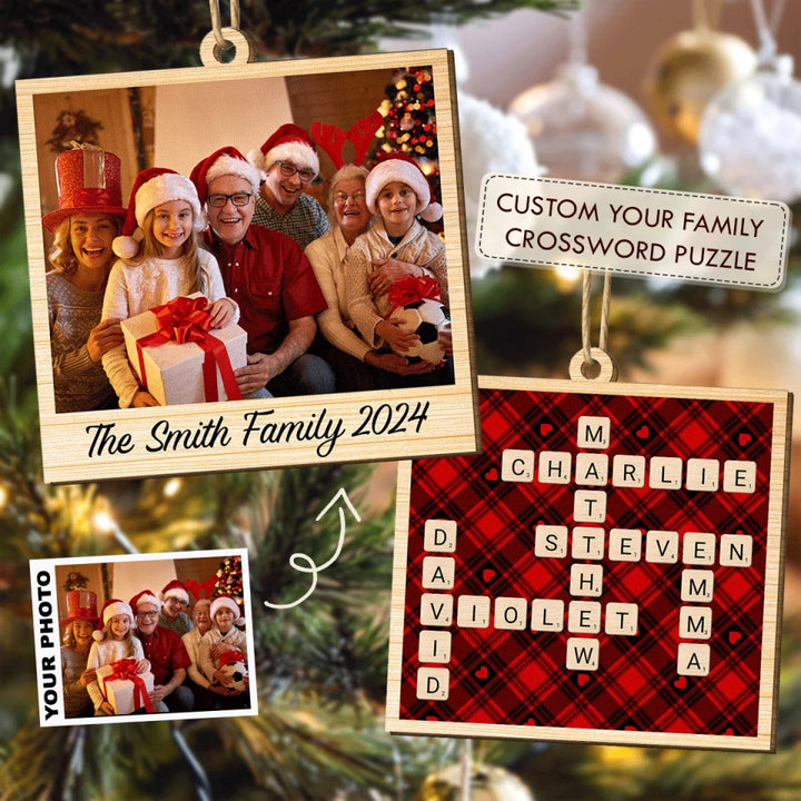 Family Photo and Crossword  - Personalized Custom Photo Wood Ornament - Gift For Family Members