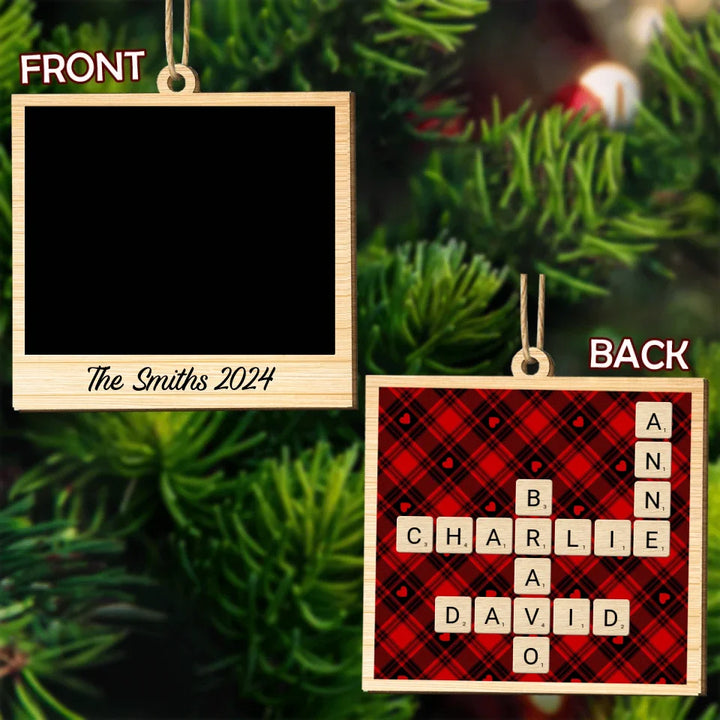 Family Photo and Crossword  - Personalized Custom Photo Wood Ornament - Gift For Family Members