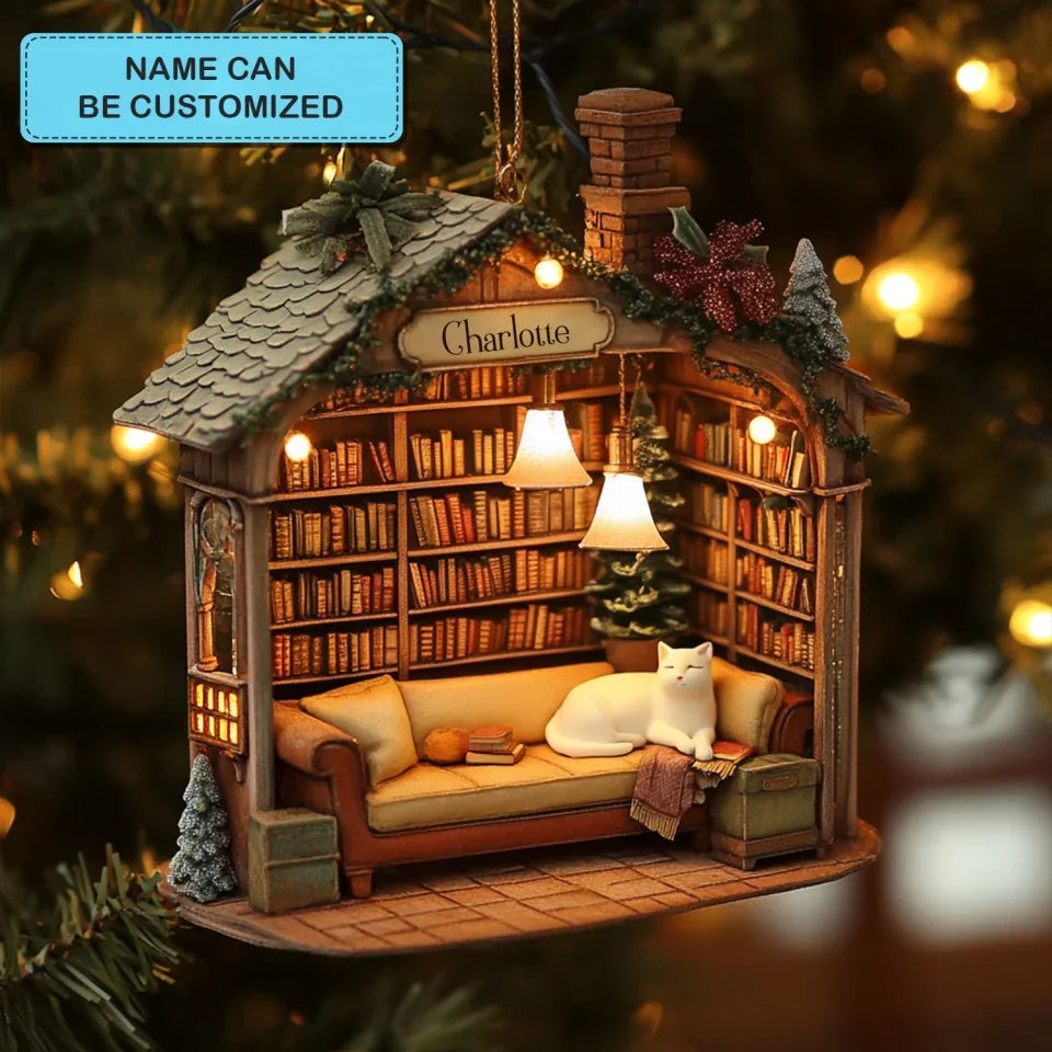 Cozy Reads Cottage - Personalized Mica Ornament - Gift For Bookish Lovers, Cat Lovers