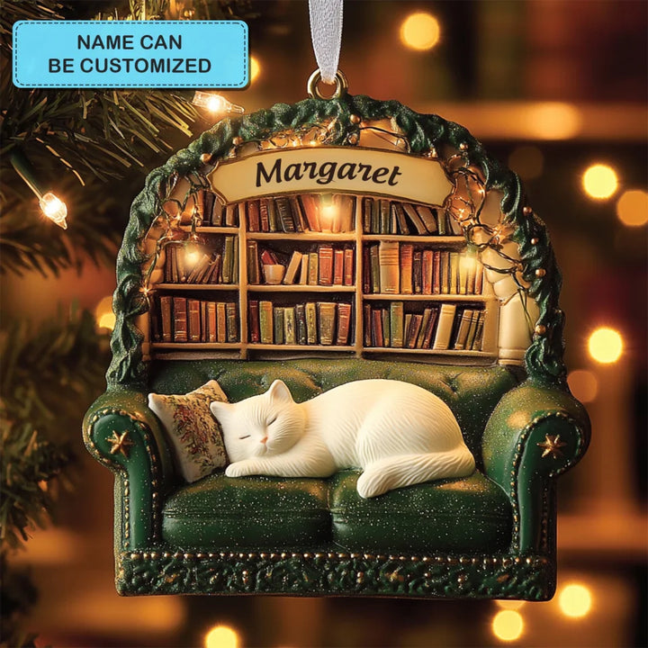 Catnap in the Library - Personalized Mica Ornament - Gift For Bookish Lovers, Cat Lovers