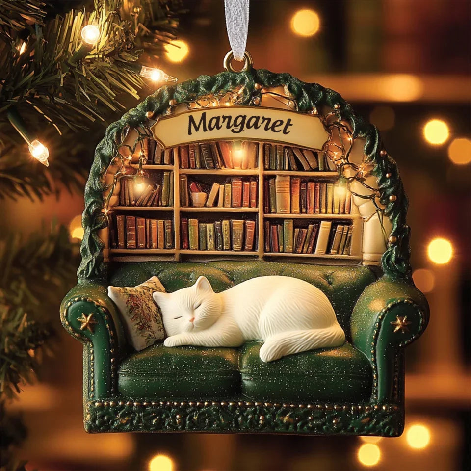 mk_Catnap in the Library - Personalized Mica Ornament - Gift For Bookish Lovers, Cat Lovers