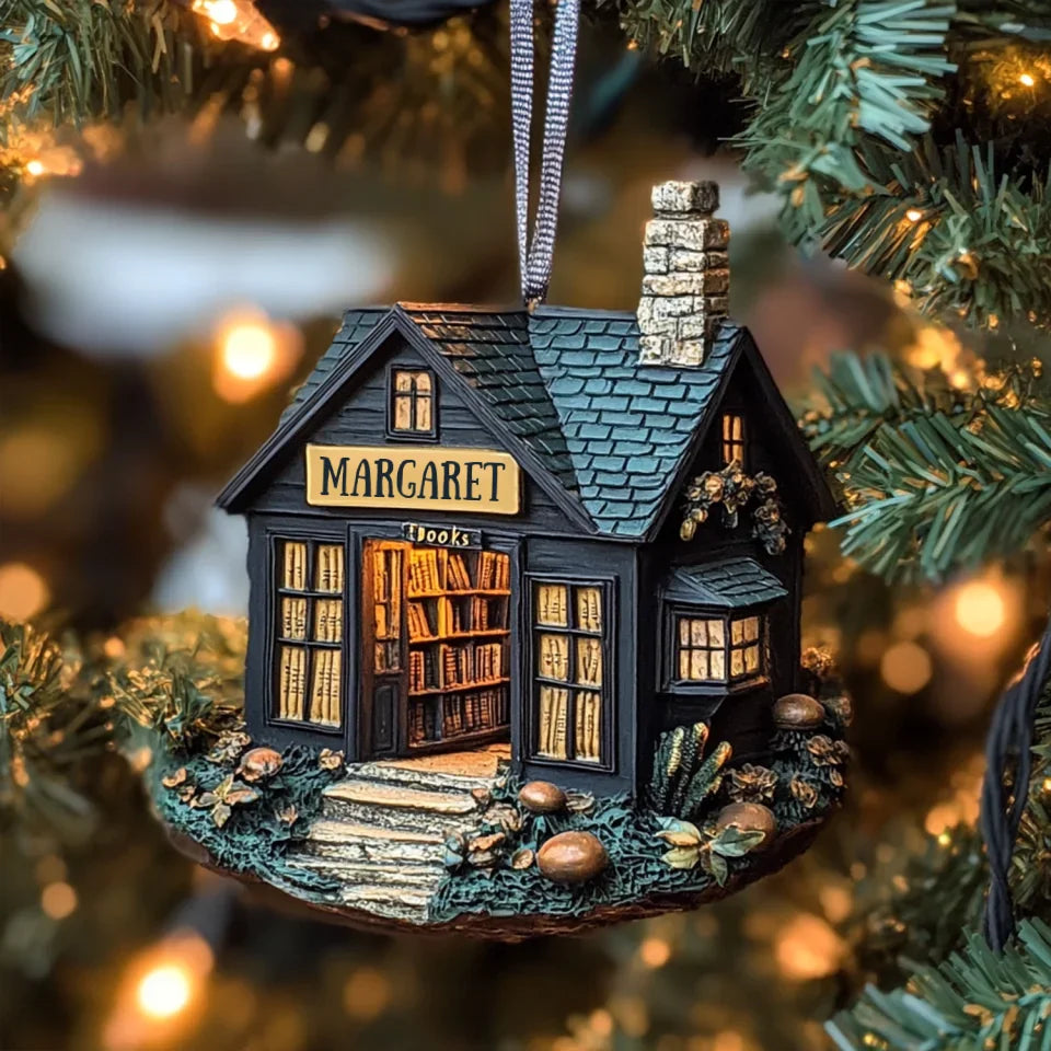 mk_Whimsical Words Cabin - Personalized Mica Ornament - Gift For Bookish Lovers