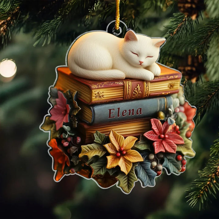 Novel Noel - Personalized Mica Ornament - Gift For Bookish Lovers, Cat Lovers