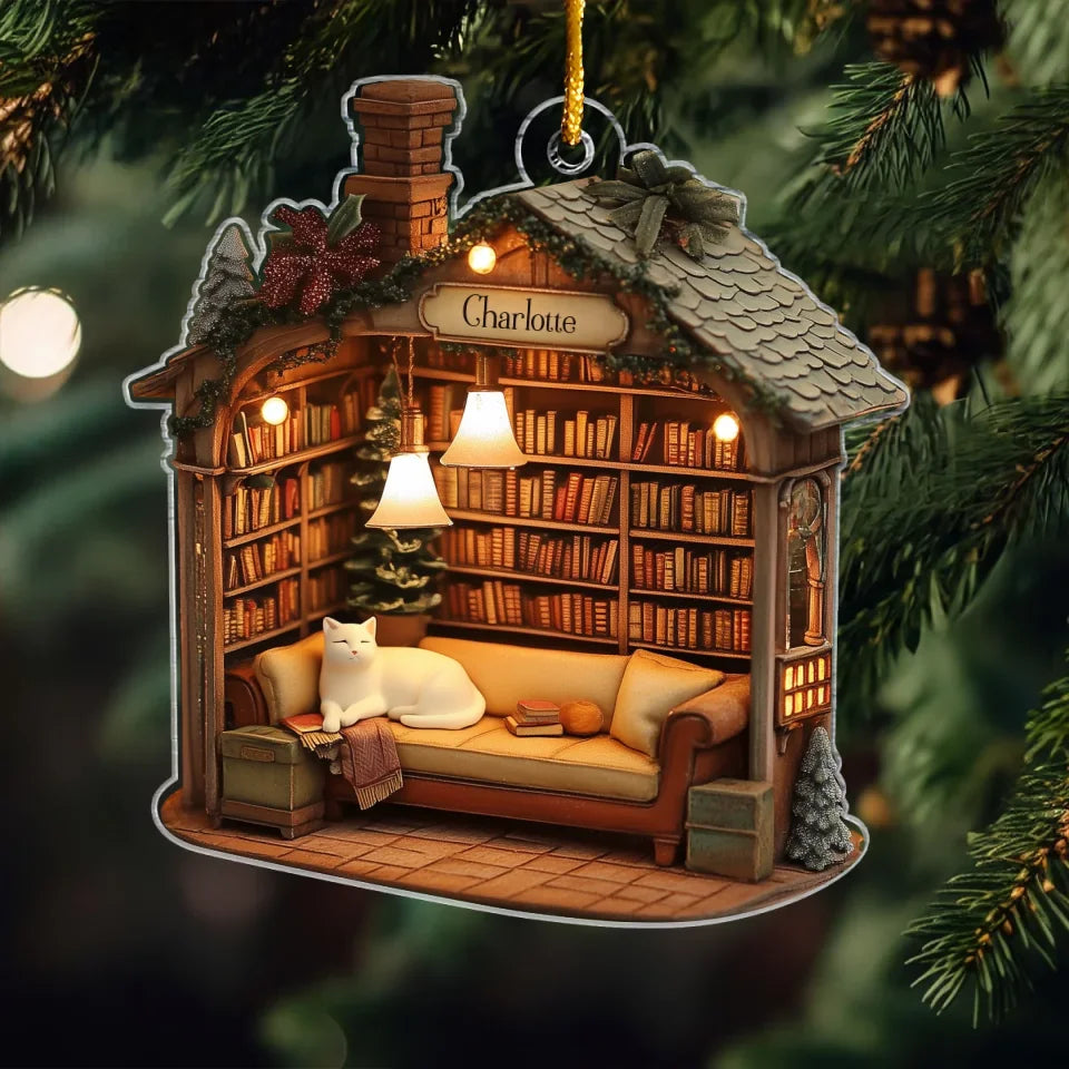 Cozy Reads Cottage - Personalized Mica Ornament - Gift For Bookish Lovers, Cat Lovers