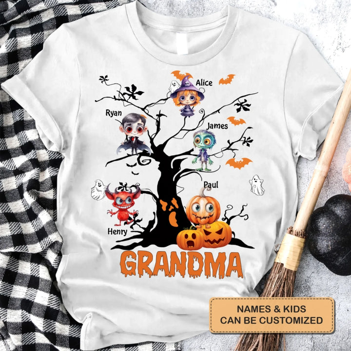 Personalized Custom T-shirt - Halloween Gift For Grandma, Mom, Dad - Halloween Monsters Kid Tree