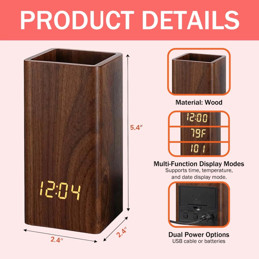 PRODUCT DETAILS_Wooden Pen Holder With Clock