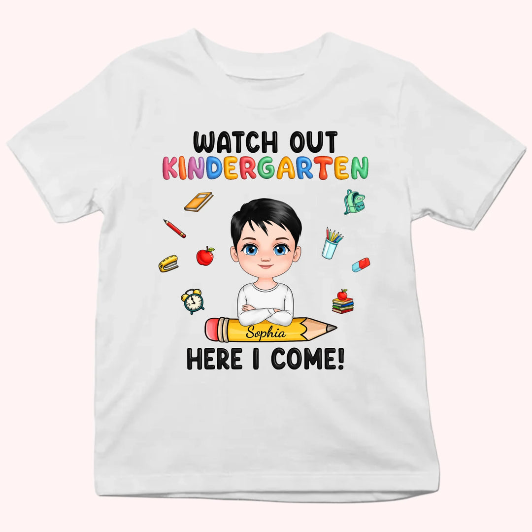Personalized Youth Shirts-Watch Out Kindergarten Here I Come-Gift for Back to School