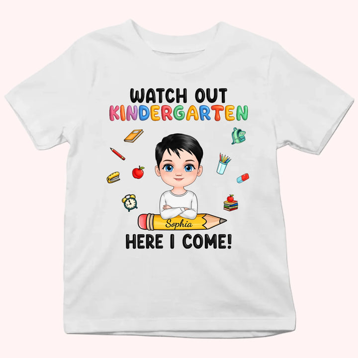 Personalized Youth Shirts-Watch Out Kindergarten Here I Come-Gift for Back to School