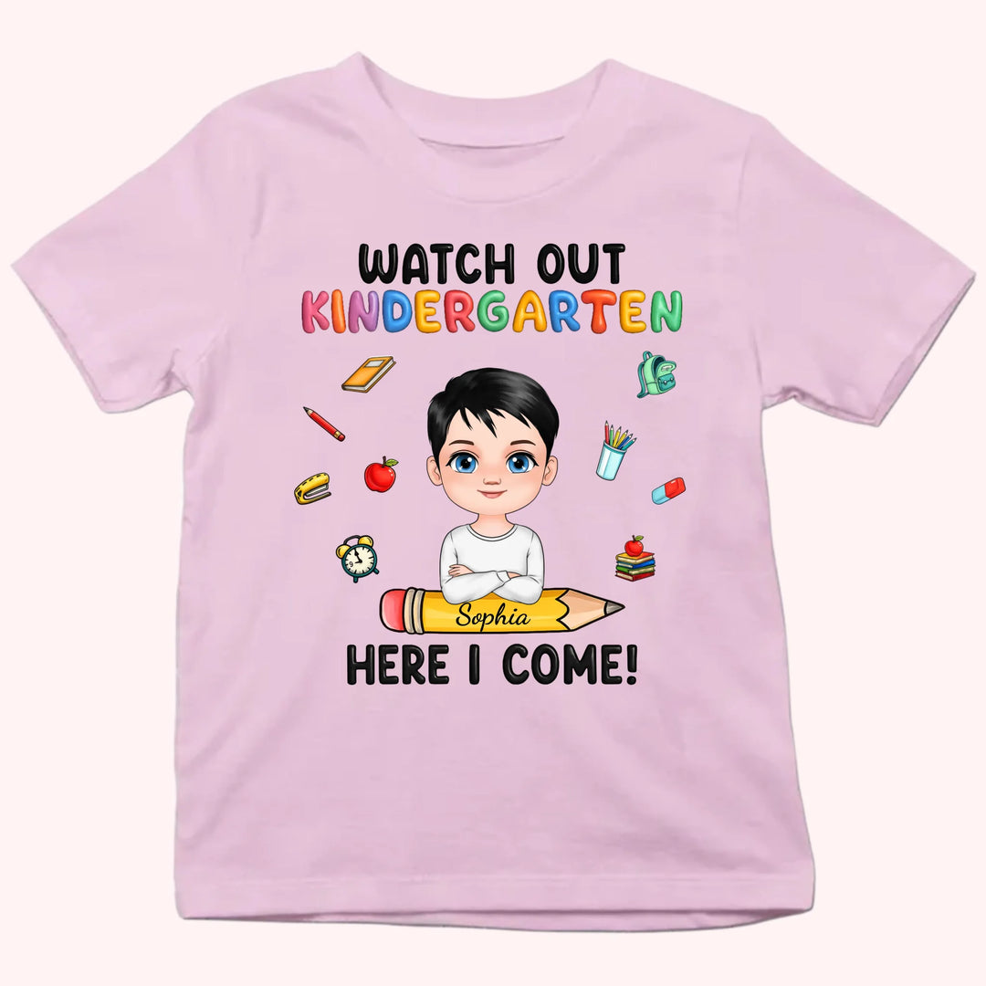 Personalized Youth Shirts-Watch Out Kindergarten Here I Come-Gift for Back to School