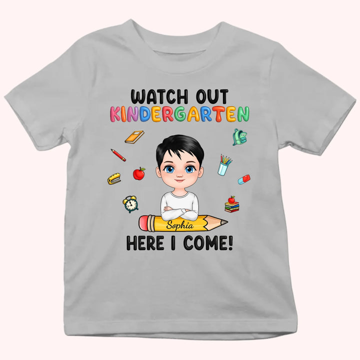 Personalized Youth Shirts-Watch Out Kindergarten Here I Come-Gift for Back to School