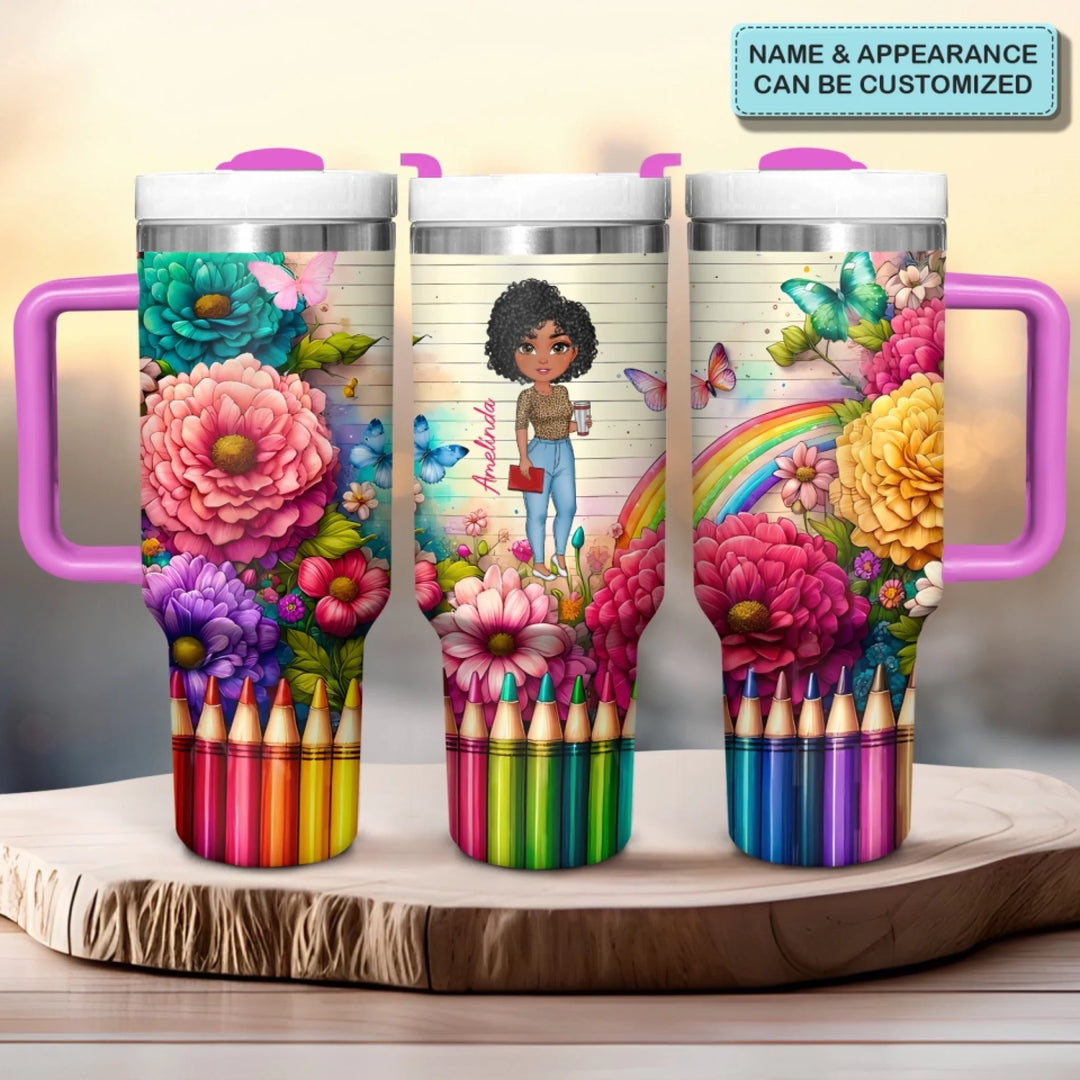 Floral Fantasy Teacher - Personalized Custom Tumbler With Handle - Teacher's Day, Appreciation Gift For Teacher