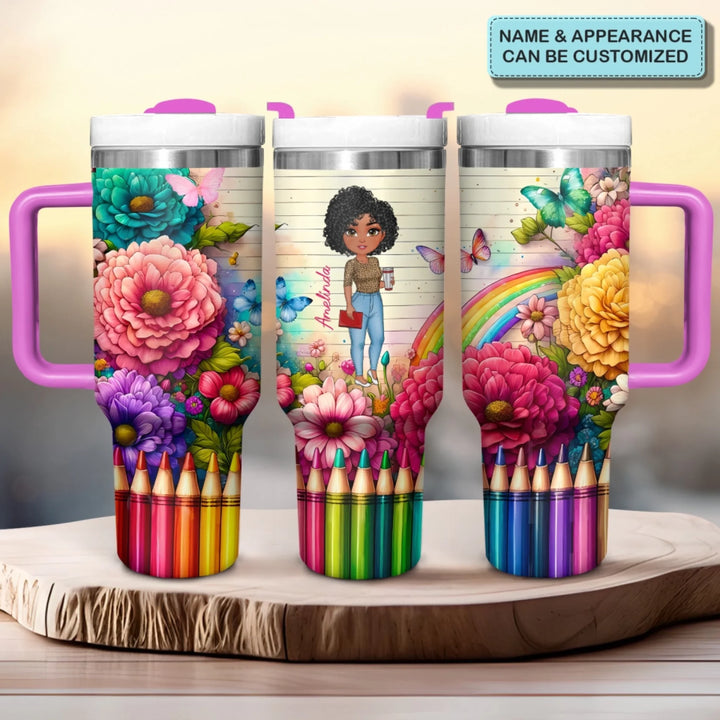 Floral Fantasy Teacher - Personalized Custom Tumbler With Handle - Teacher's Day, Appreciation Gift For Teacher