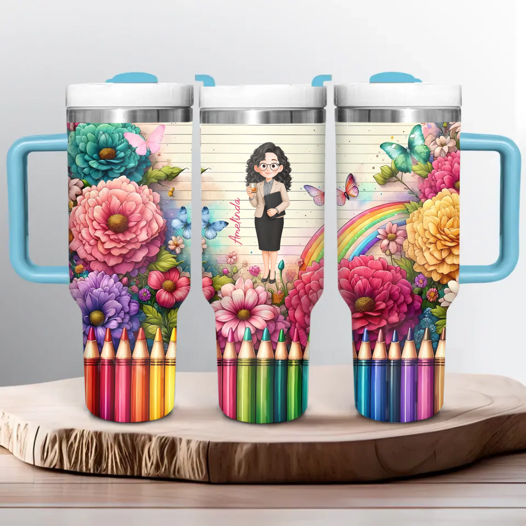 Floral Fantasy Teacher - Personalized Custom Tumbler With Handle - Teacher's Day, Appreciation Gift For Teacher