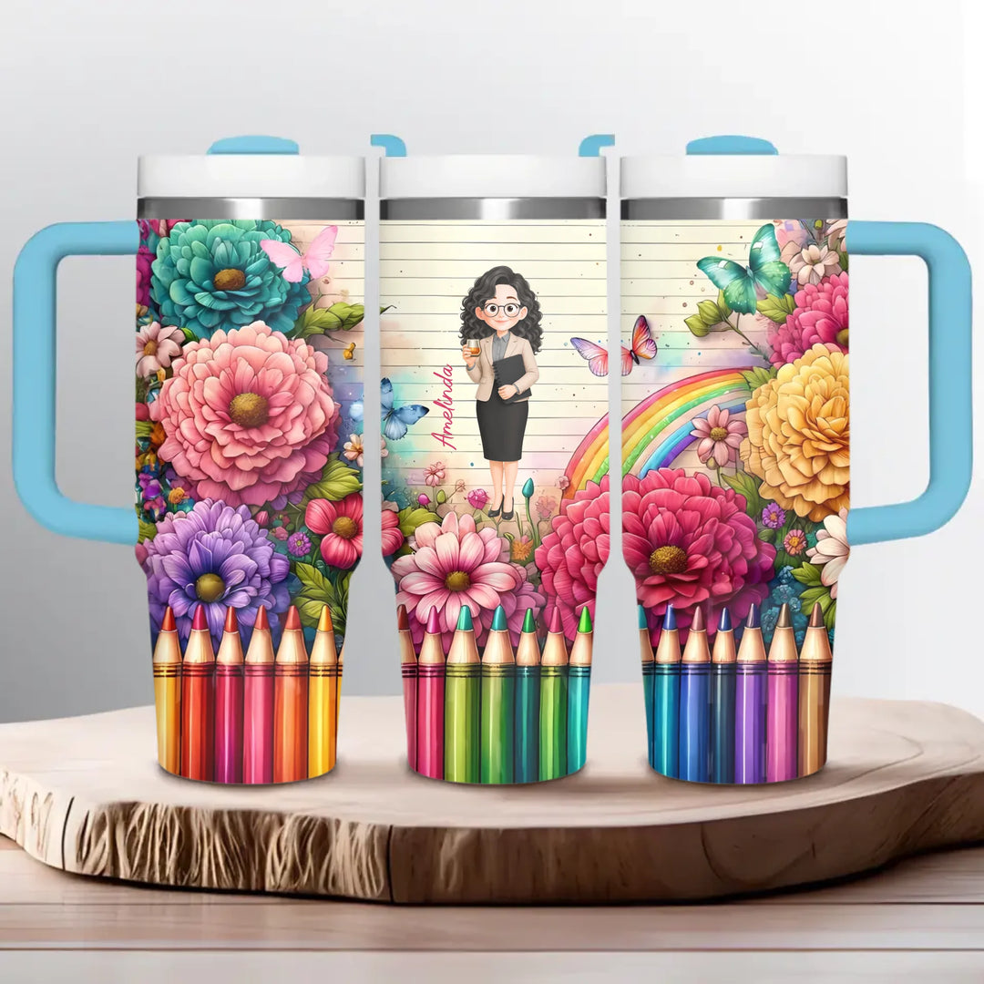 Floral Fantasy Teacher - Personalized Custom Tumbler With Handle - Teacher's Day, Appreciation Gift For Teacher
