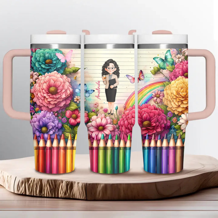 Floral Fantasy Teacher - Personalized Custom Tumbler With Handle - Teacher's Day, Appreciation Gift For Teacher