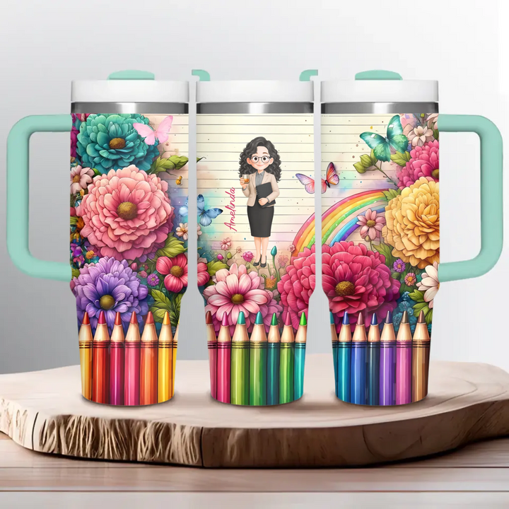 Floral Fantasy Teacher - Personalized Custom Tumbler With Handle - Teacher's Day, Appreciation Gift For Teacher