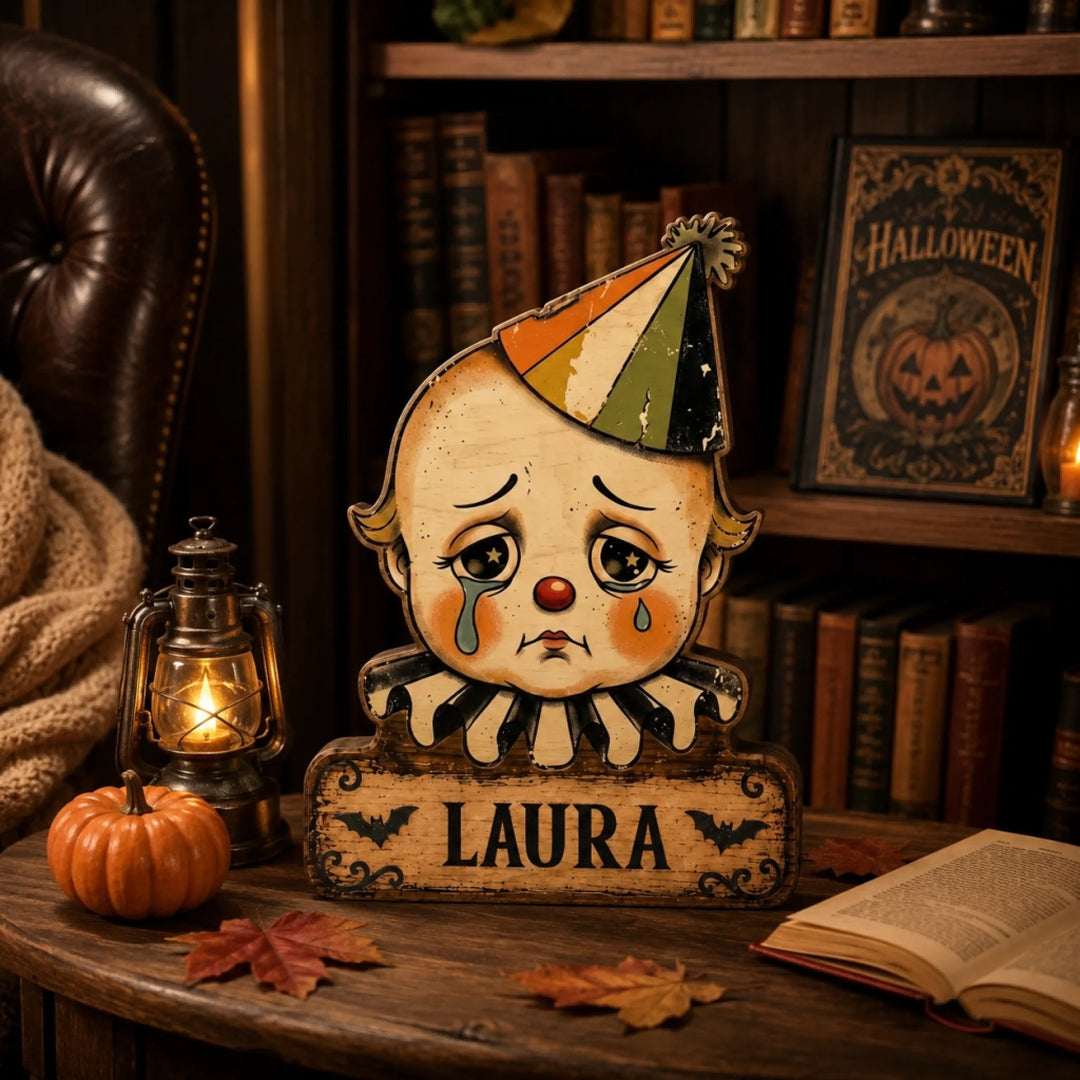 Vintage Halloween decor with a sad clown