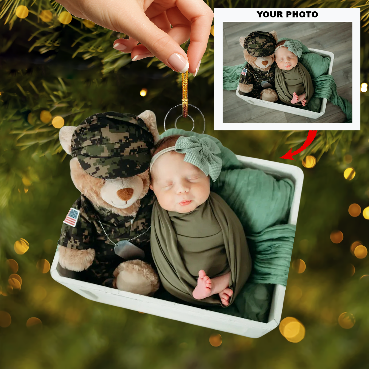 Angel of Our Hero - Personalized Photo Mica Ornament - Christmas Gift For Family Members
