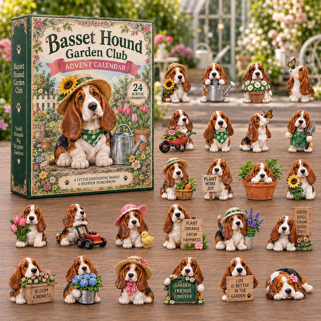 CHRISTMAS KICKOFF 40% OFF - Basset Hound Garden Advent Calendar 2026 - 24-Day Festive Countdown, Acrylic Charms Blind Box - Gift For Basset Hound Lovers AC0NT231