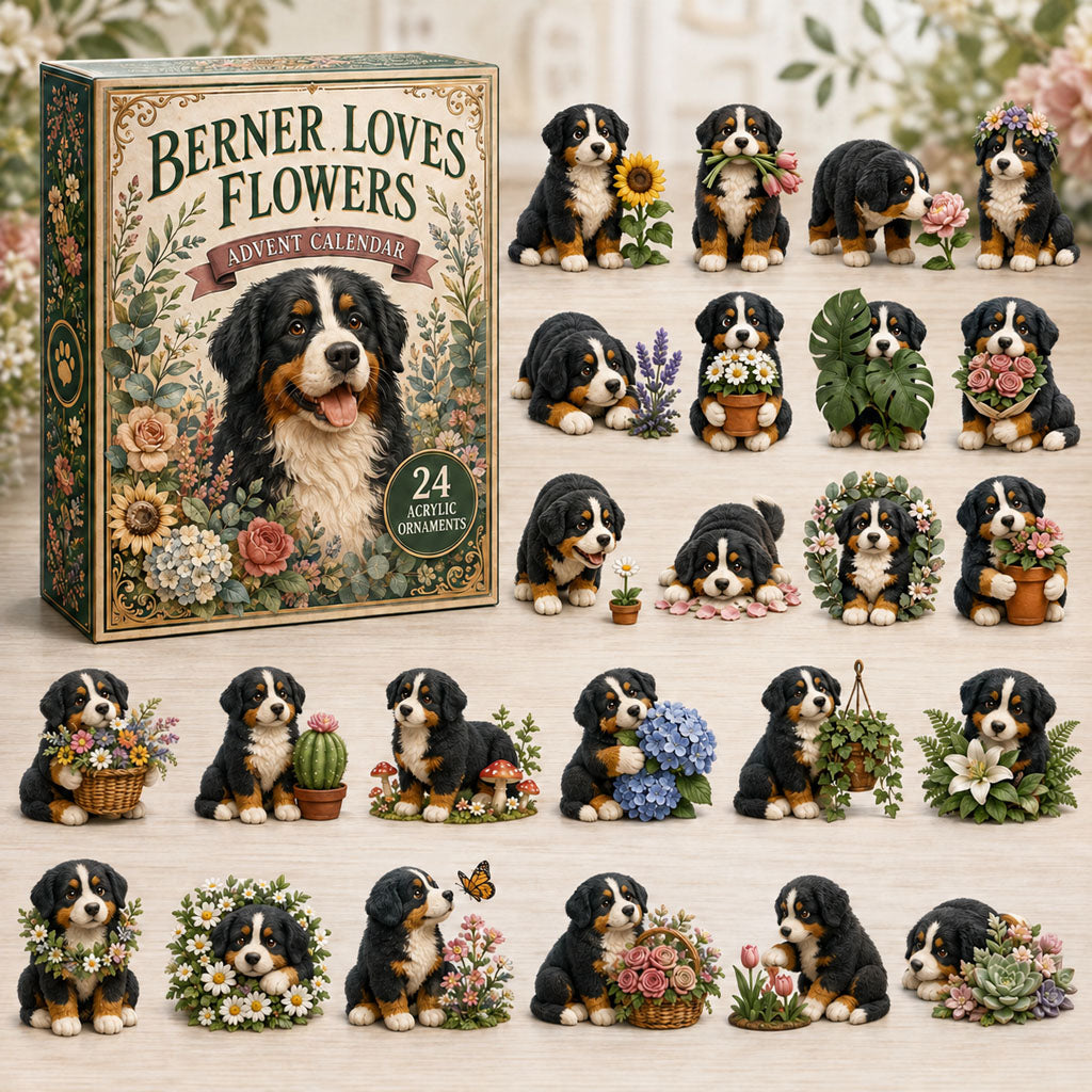 CHRISTMAS KICKOFF 40% OFF - Berner Loves Flowers Advent Calendar 2026 - 24-Day Festive Countdown, Acrylic Charms Blind Box - Gift For Bernese Lovers AC0TM170