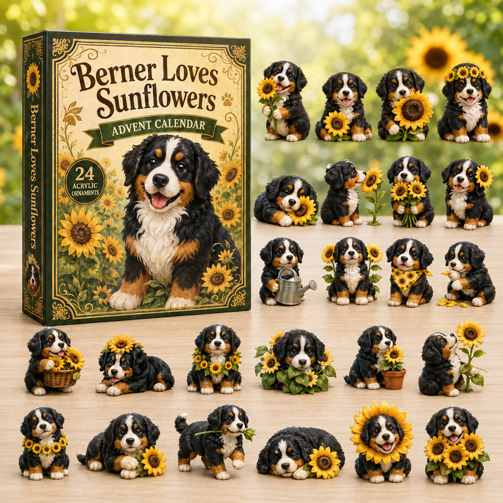 CHRISTMAS KICKOFF 40% OFF - Berner Loves Sunflowers Advent Calendar 2026 - 24-Day Festive Countdown, Acrylic Charms Blind Box - Gift For Bernese Mountain Dog Lovers AC0NT161