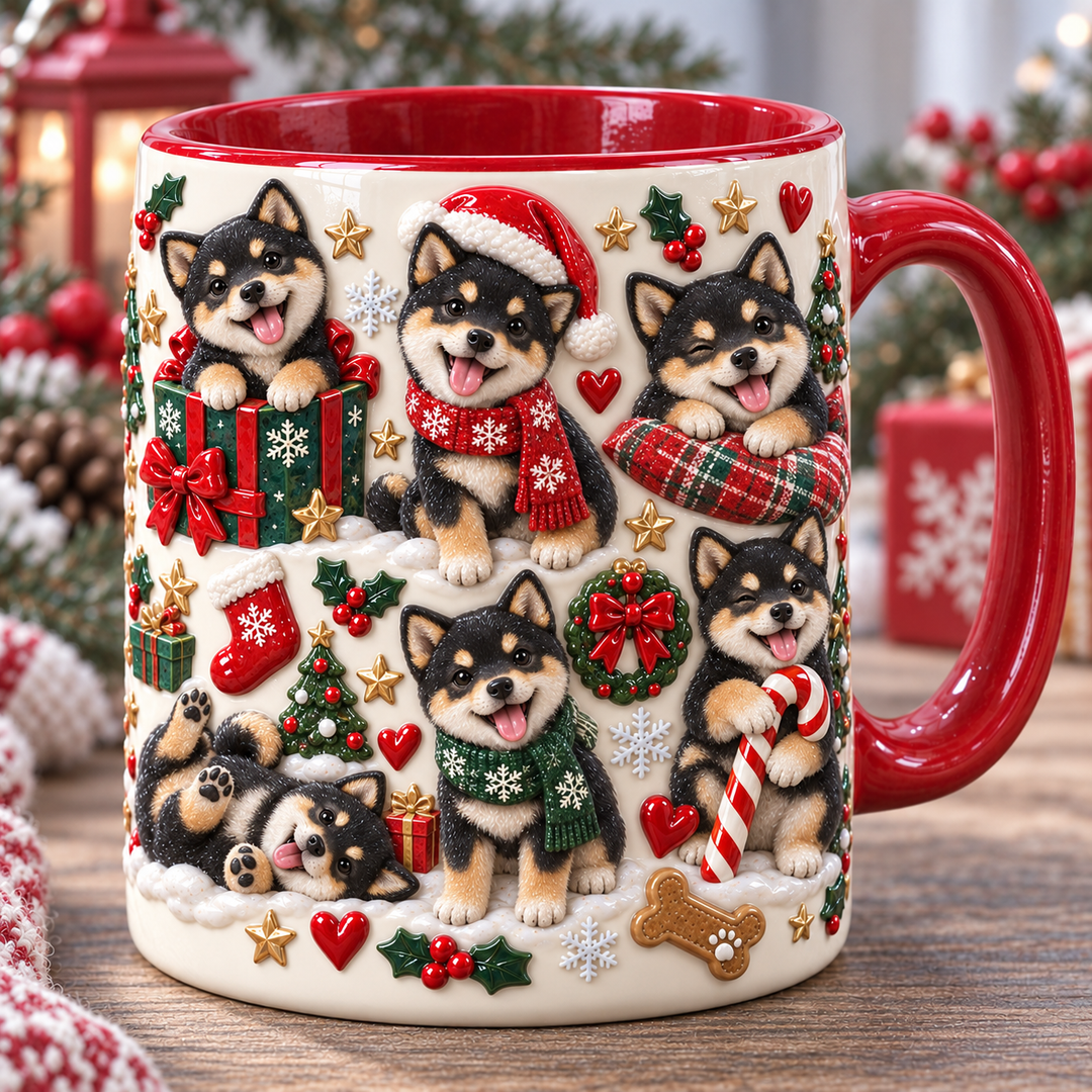 Black and Tan Shiba Inu Silly Moment Christmas 3D Effect Printed Accent Mug NCU0HA099