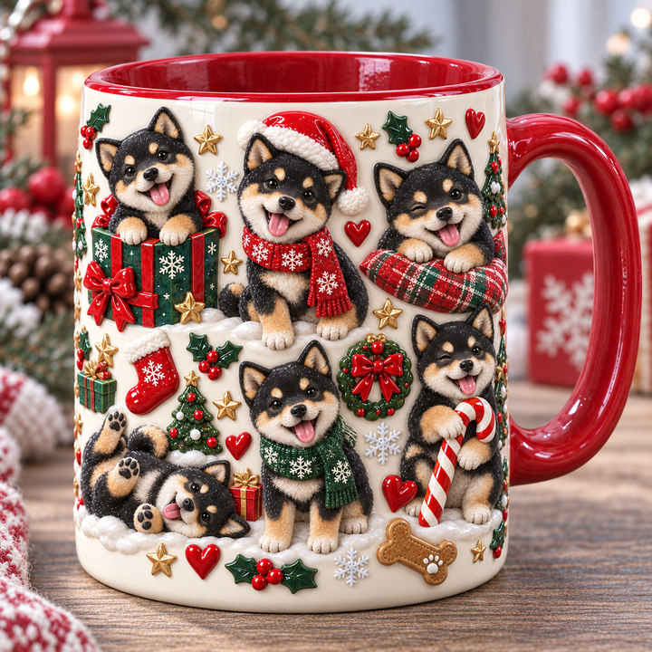 Black and Tan Shiba Inu Silly Moment Christmas 3D Effect Printed Accent Mug NCU0HA099