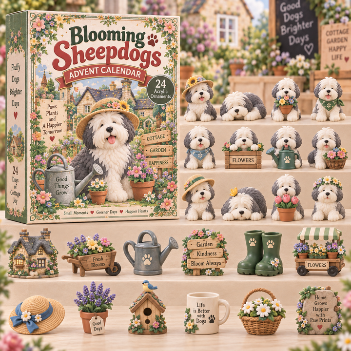 CHRISTMAS KICKOFF 40% OFF - Blooming Sheepdogs Advent Calendar 2026 - 24-Day Festive Countdown, Acrylic Charms Blind Box - Gift For Old English Sheepdog Lovers AC0TH373