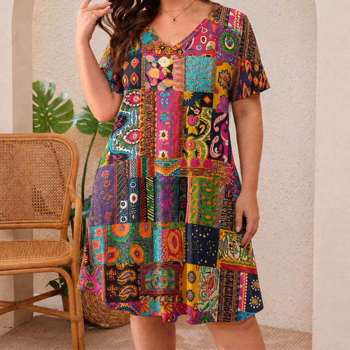 Boho Mosaic Short Sleeve V Neck Midi Dress NCU0DV146