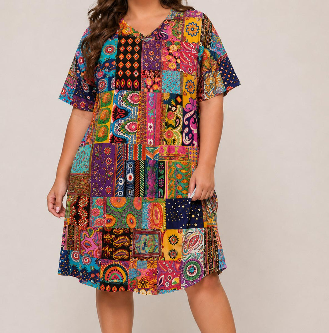 Boho Mosaic Short Sleeve V Neck Midi Dress NCU0DV146
