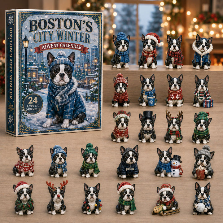 CHRISTMAS KICKOFF 40% OFF - Boston's City Winter Advent Calendar 2026 - 24-Day Festive Countdown, Acrylic Charms Blind Box - Gift For Dog Lovers AC0NT094