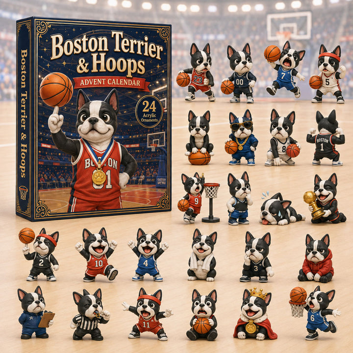 CHRISMAST KICKOFF 40% OFF - Boston Terrier Hoops Advent Calendar 2026 - 24-Day Festive Countdown, Acrylic Charms Blind Box - Gift For Dog Lovers AC0TH147